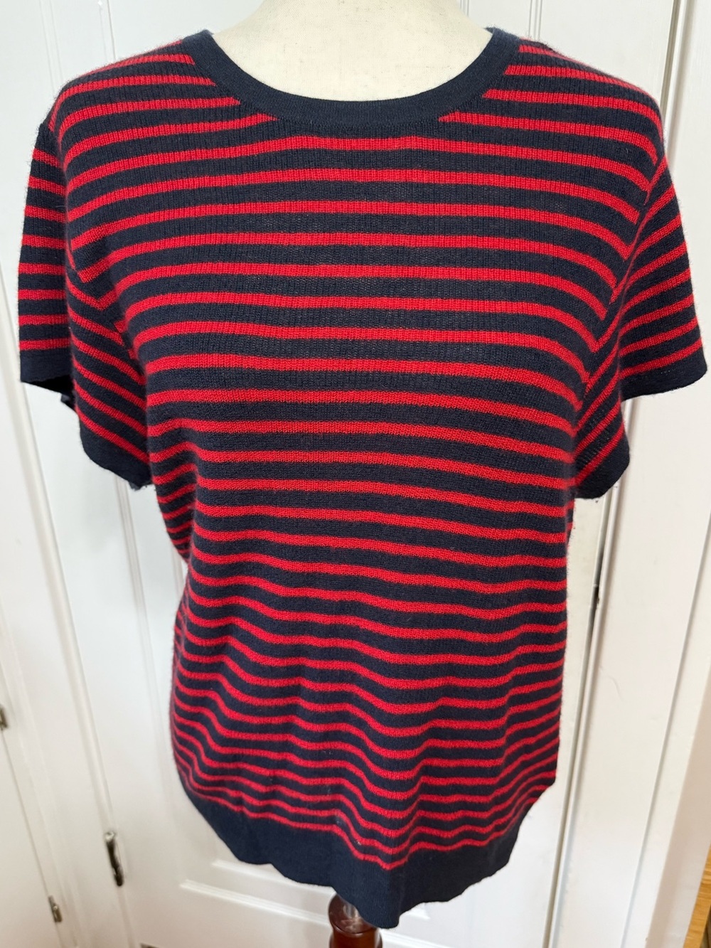 J. Crew Ribbed Featherweight Cashmere T-shirt in Stripe, Navy/Red 2XL